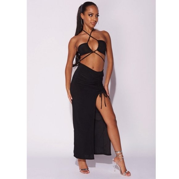 Black Sleeveless Halter Neck Crop Top and High Waist Maxi Skirt Two Piece Set - Picture 11 of 14